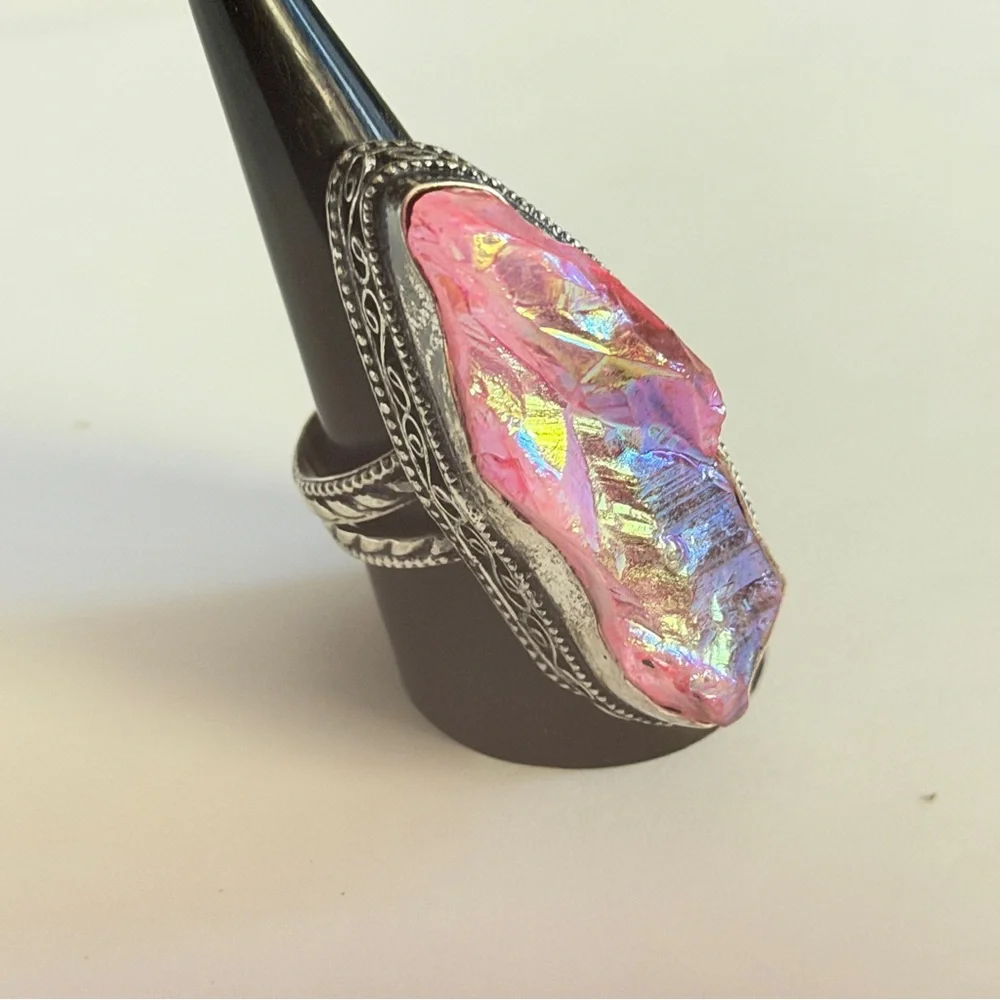New Artesian Angel Aura Quartz Statement Ring 925 Sterling Silver (Stamped)